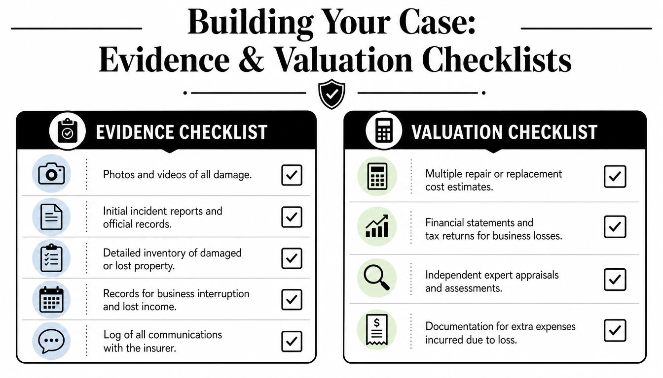 A checklist infographic titled Building Your Case detailing necessary documentation for evidence and valuation in insurance claims.