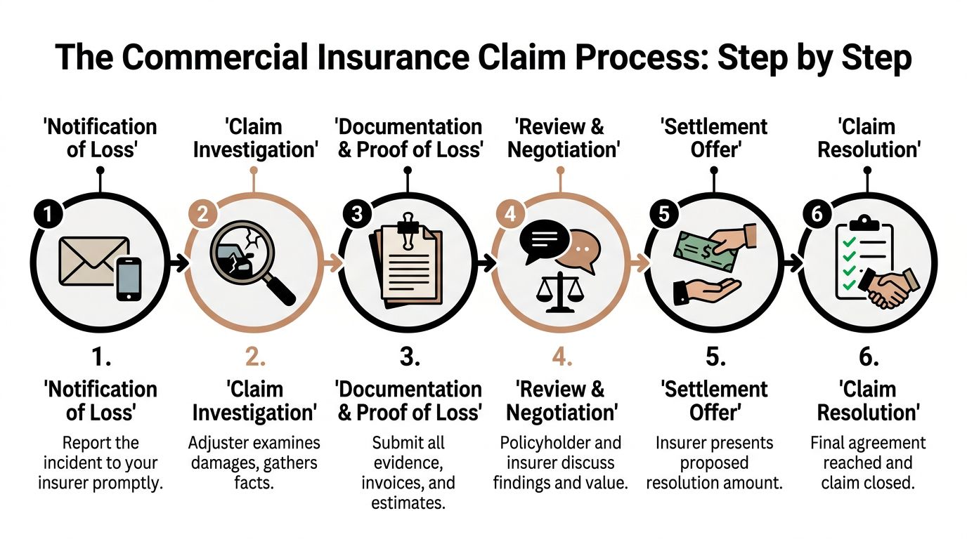 A six-step infographic detailing the commercial insurance claim process from initial notification to final resolution.