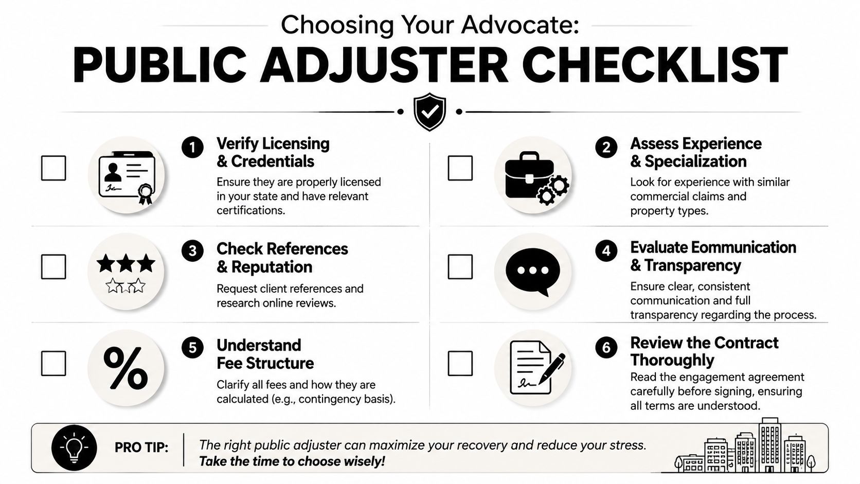 A checklist infographic outlining six essential steps for choosing a professional public insurance adjuster for claims.