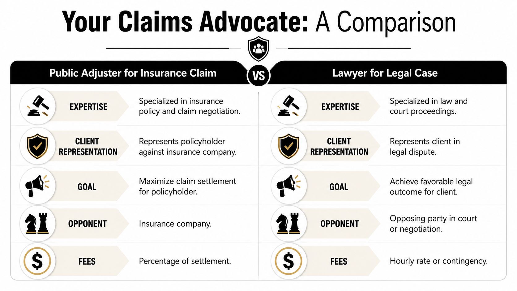 A comparison chart outlining the key differences between a public adjuster and a lawyer for claims.