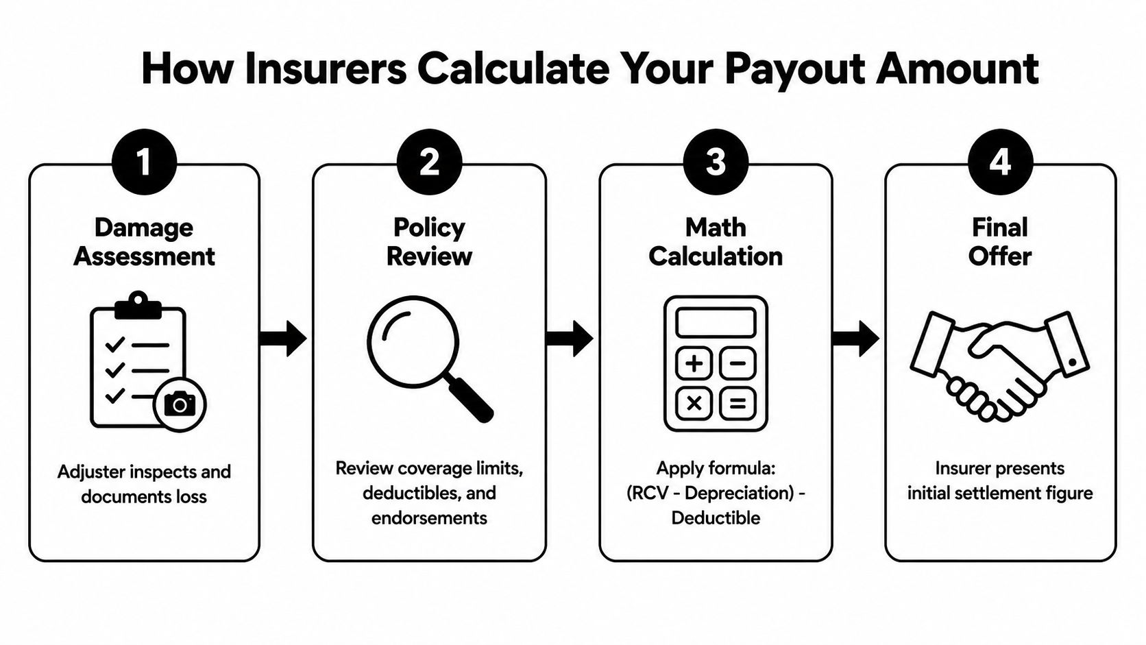 An infographic showing the four steps insurers use to calculate an insurance payout amount for property damage.