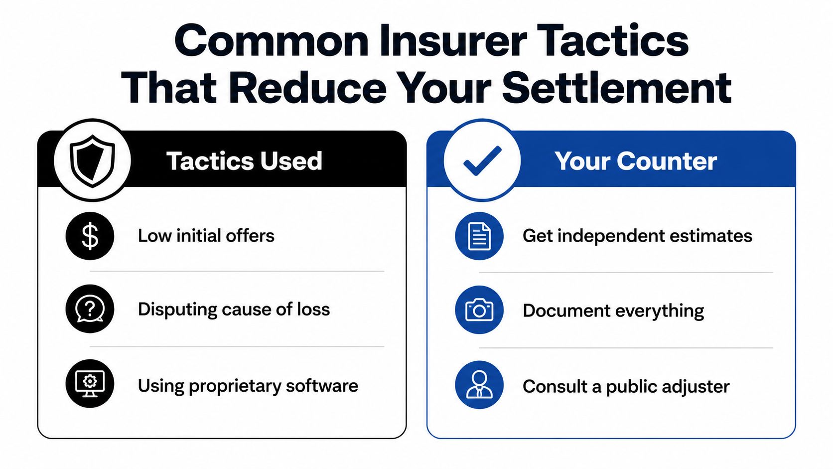 A comparison chart showing common insurer tactics used to reduce settlement amounts and strategies for policyholders to counter them.