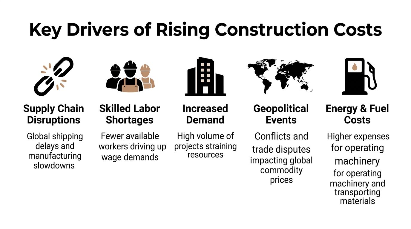 An infographic illustrating five key factors contributing to the rising costs within the global construction industry.