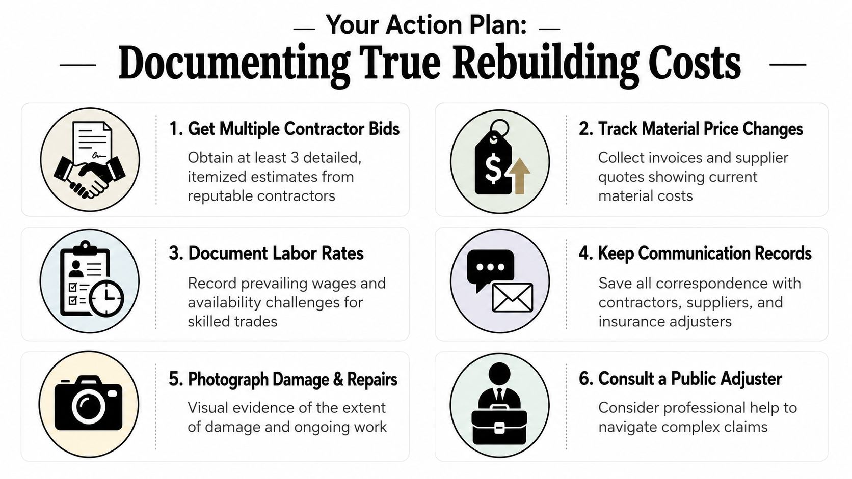 A six-step guide infographic for documenting rebuilding costs after property damage or construction projects.