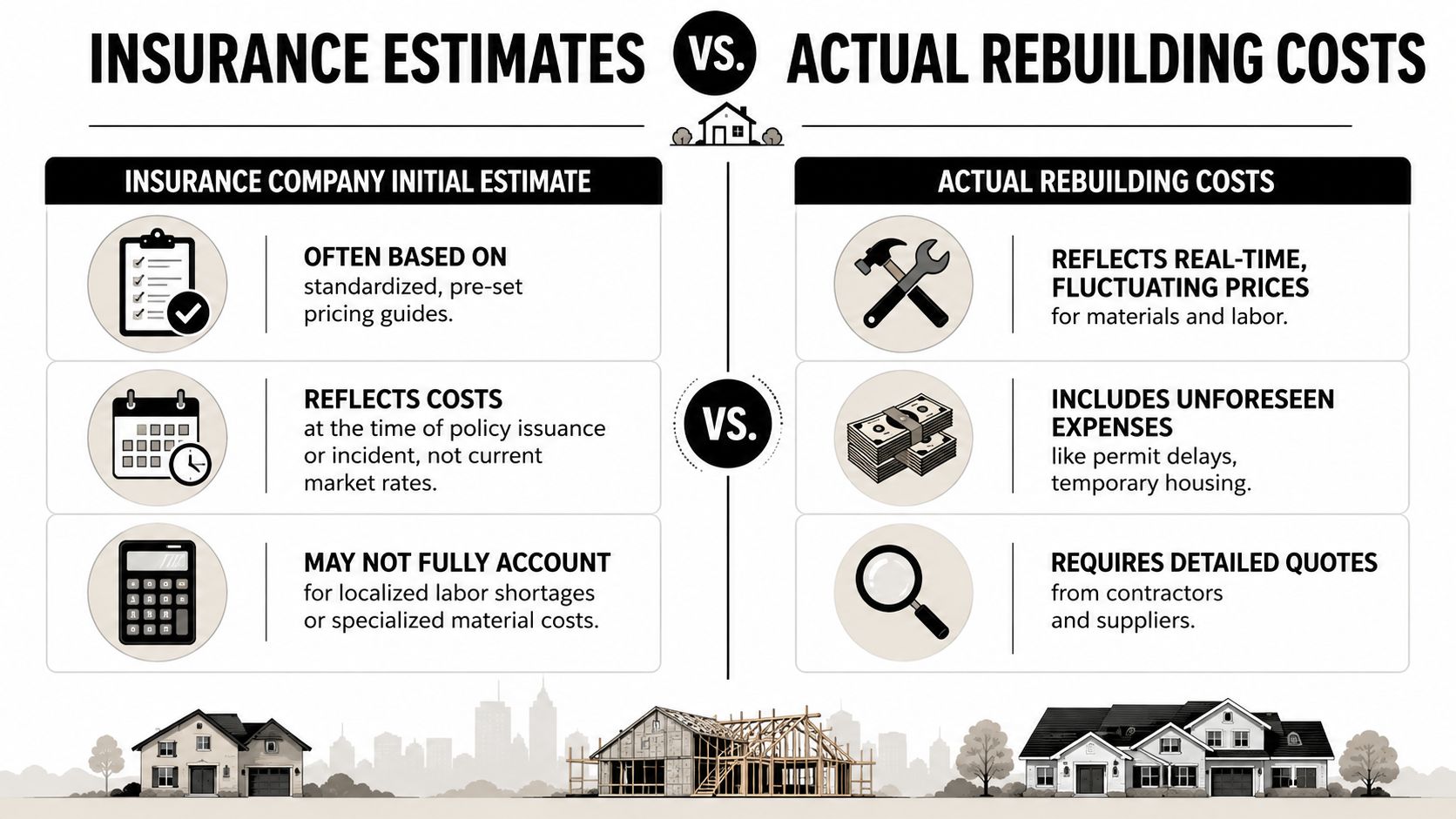 A comparison chart showing differences between insurance company estimates and actual rebuilding costs for residential properties.