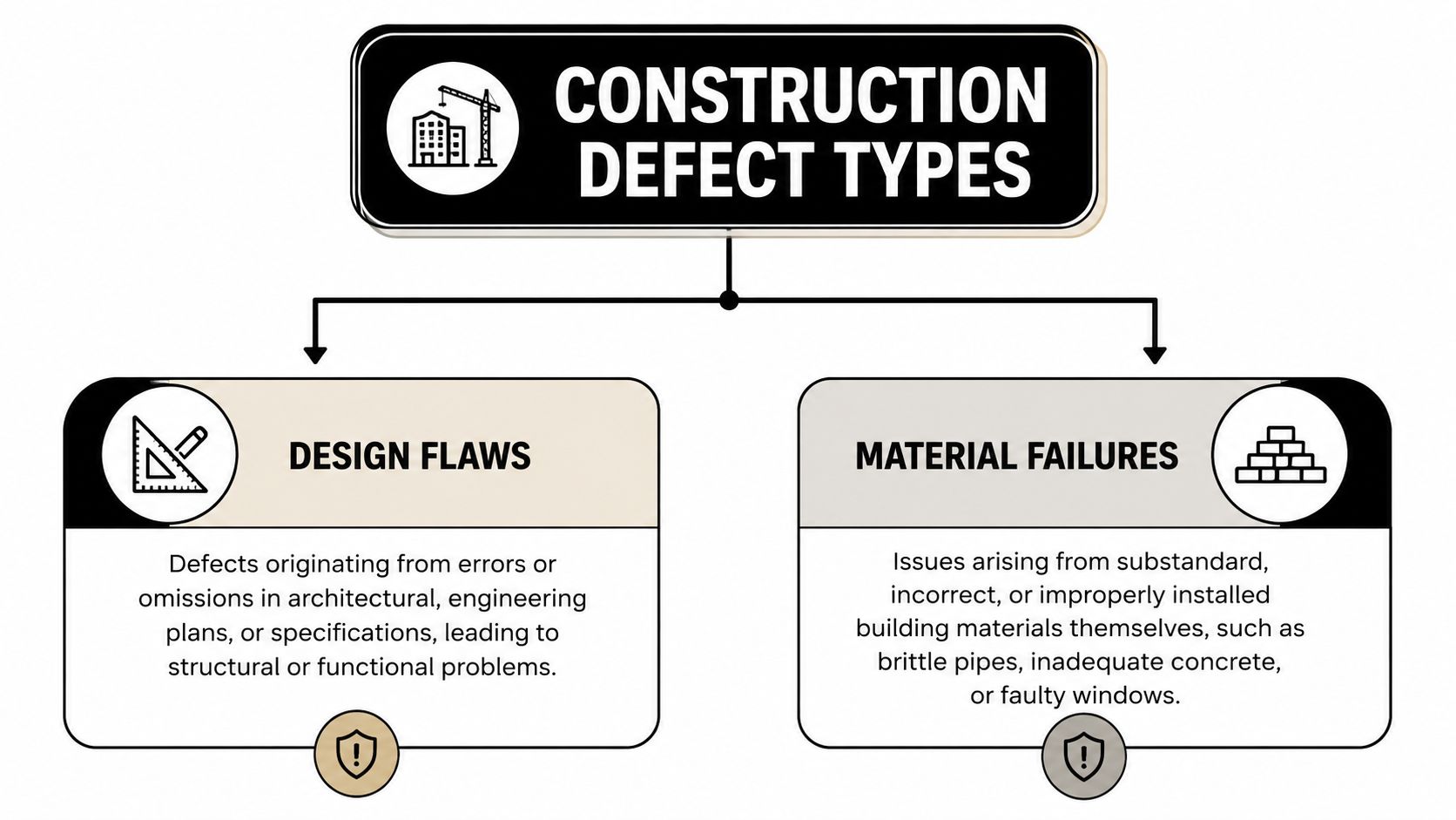 A diagram categorizing construction defects into design flaws and material failures with descriptions for each.