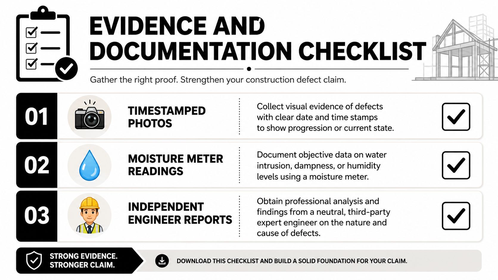 An infographic checklist for gathering evidence and documentation to support a construction defect legal claim.