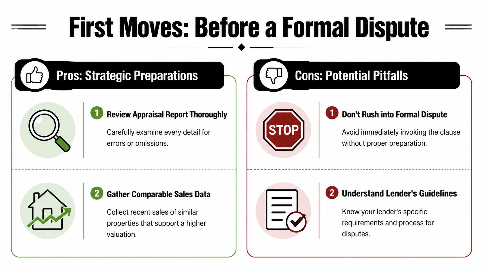 A guide listing strategic preparations and potential pitfalls to consider before starting a formal appraisal dispute.