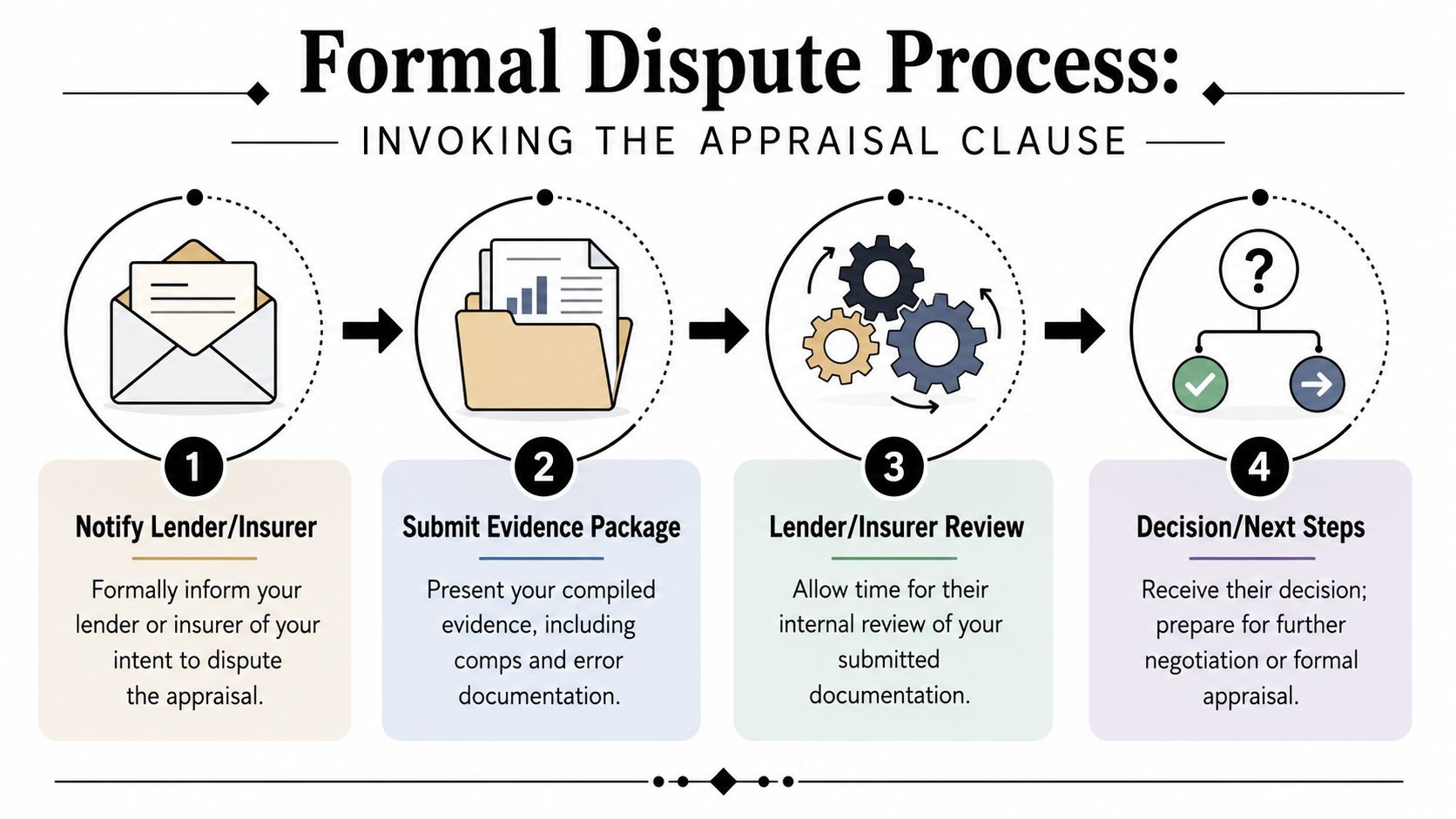 A flowchart showing the four-step formal dispute process for contesting a property appraisal.