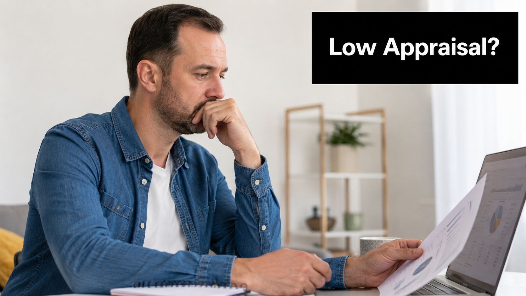 A concerned man reviewing financial documents and data on a laptop about a low appraisal.