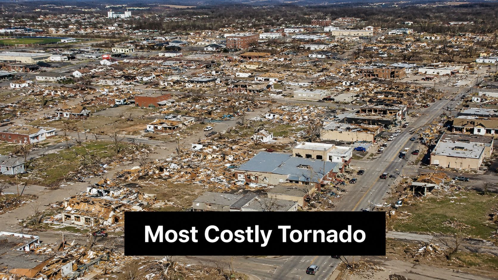 Aerial view of a town severely damaged by a tornado with destroyed buildings and scattered debris.