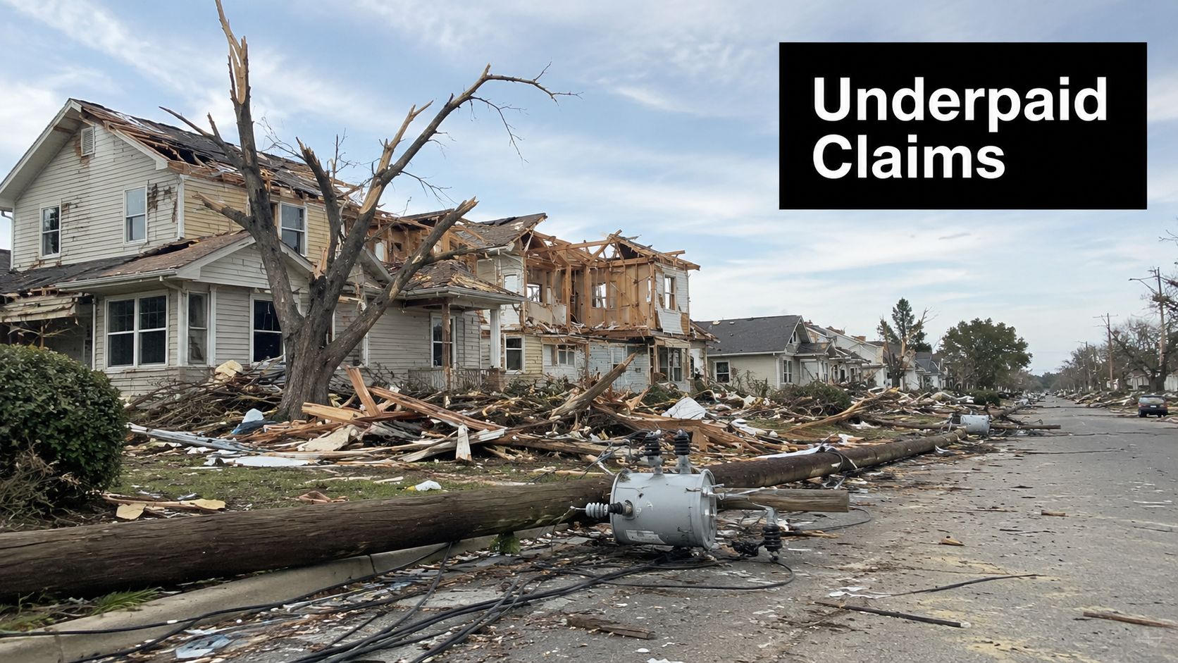 A suburban street showing residential houses heavily damaged by a tornado with debris scattered everywhere.