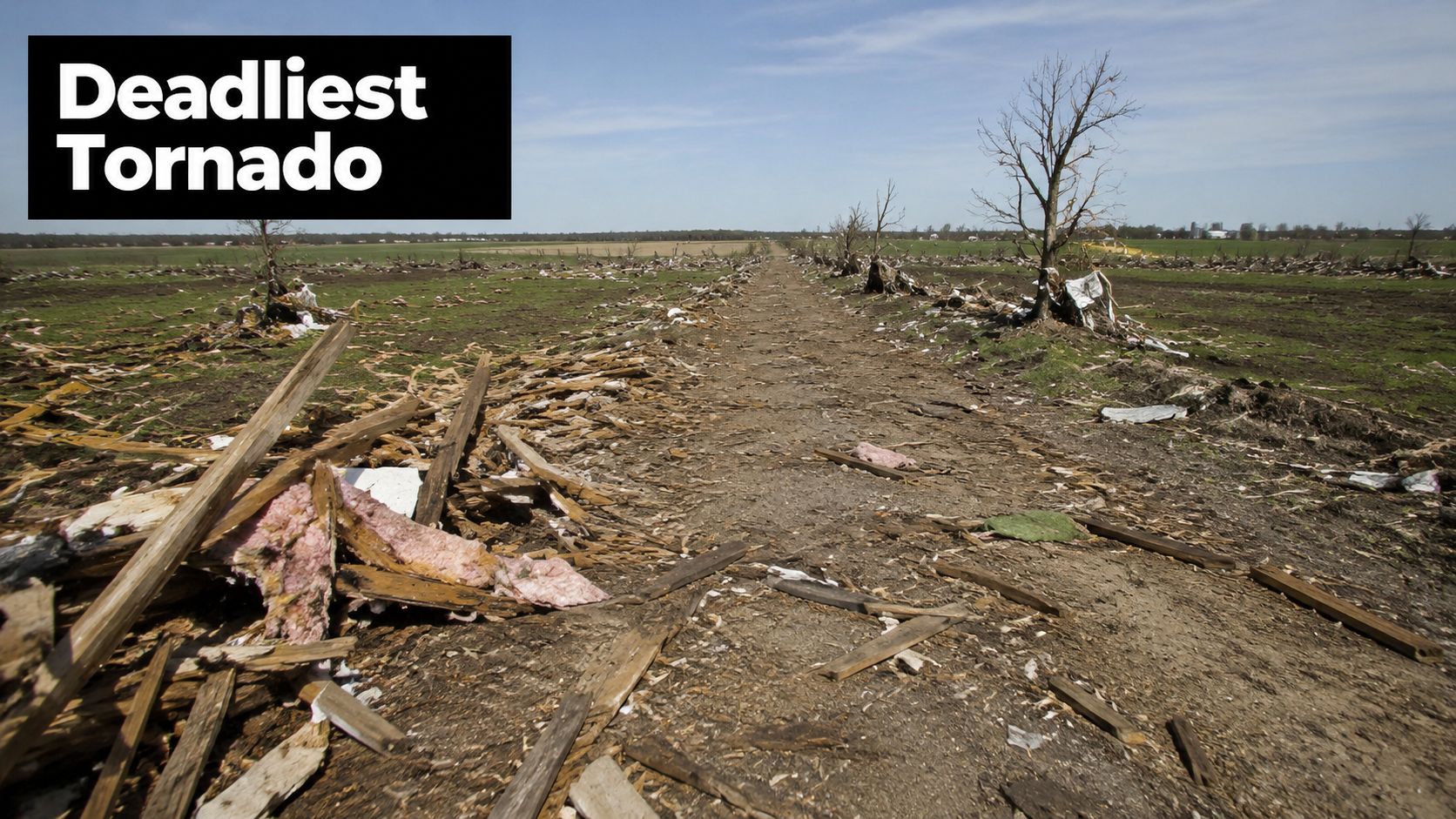 Debris scattered across a barren field following the destruction caused by a powerful and deadly tornado.