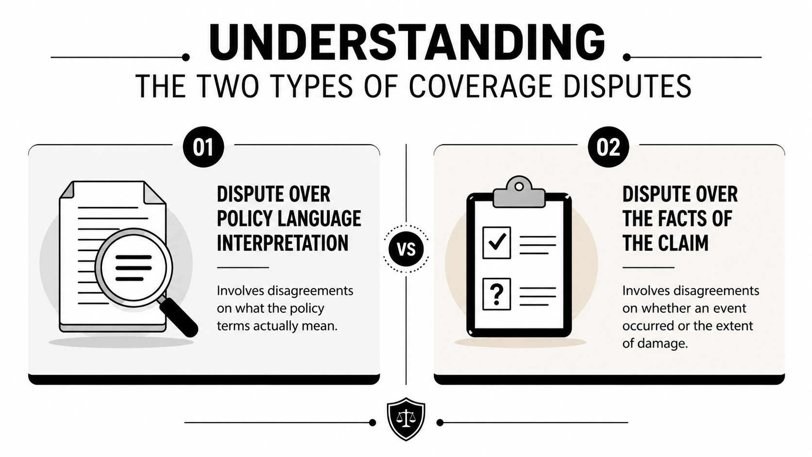 An infographic illustrating the two main types of insurance coverage disputes: policy language interpretation versus factual claims.