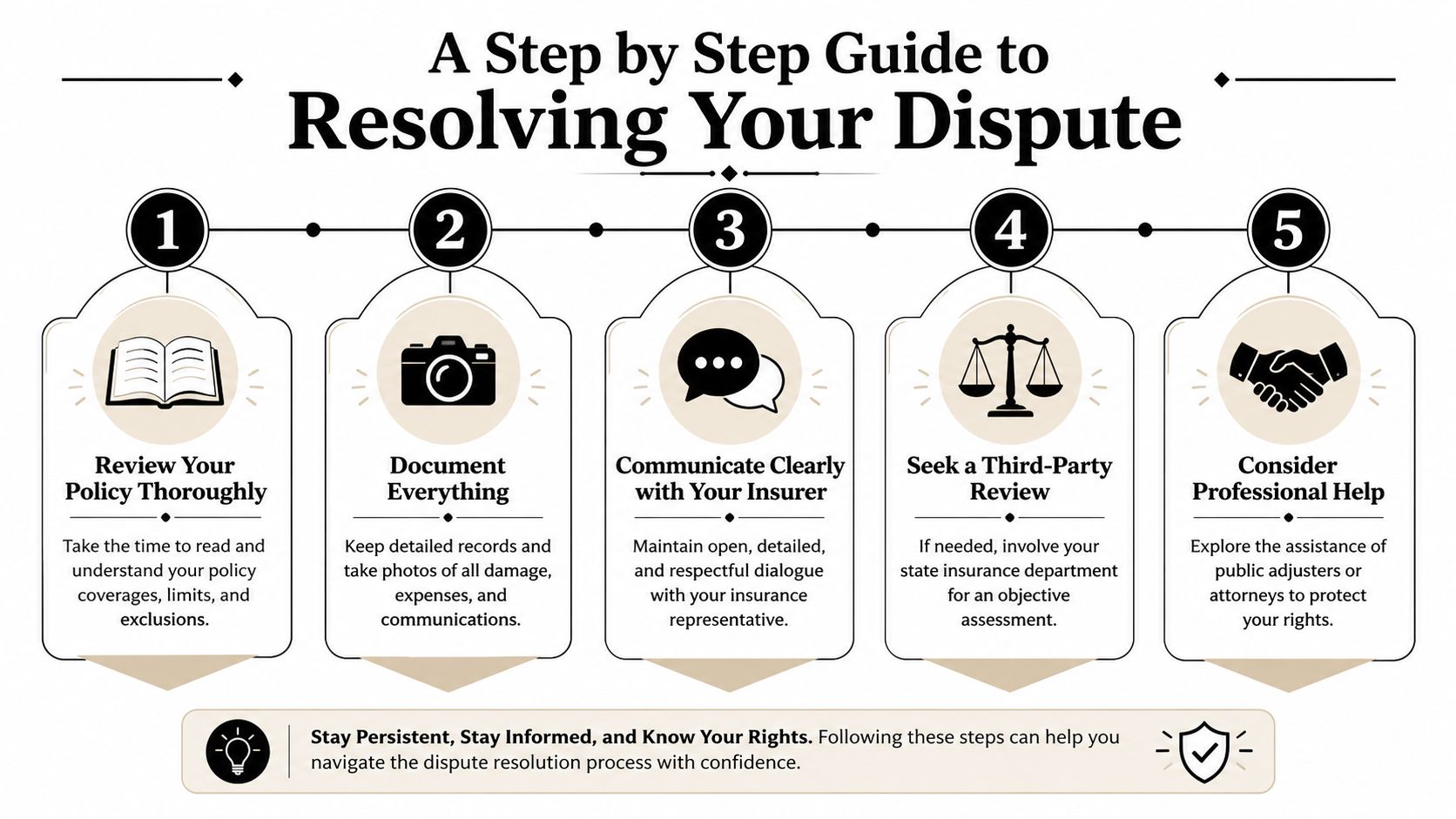 A five-step infographic guide detailing how to resolve an insurance coverage dispute with your provider.