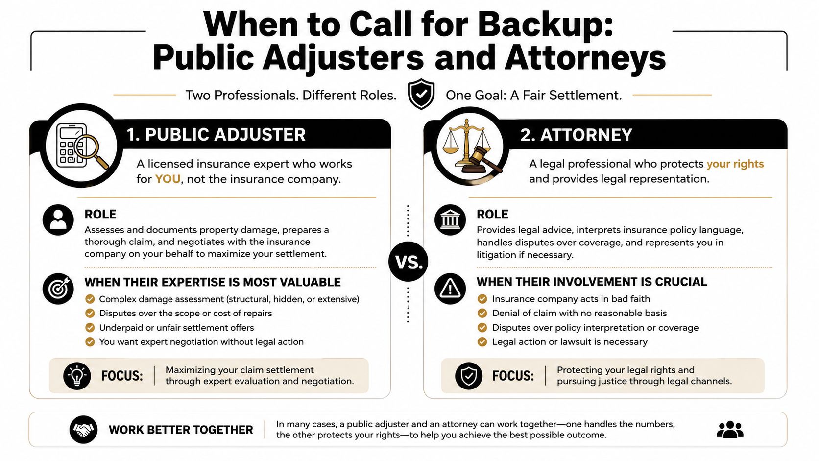 An infographic comparing the roles and expertise of public adjusters versus attorneys for insurance claim settlements.