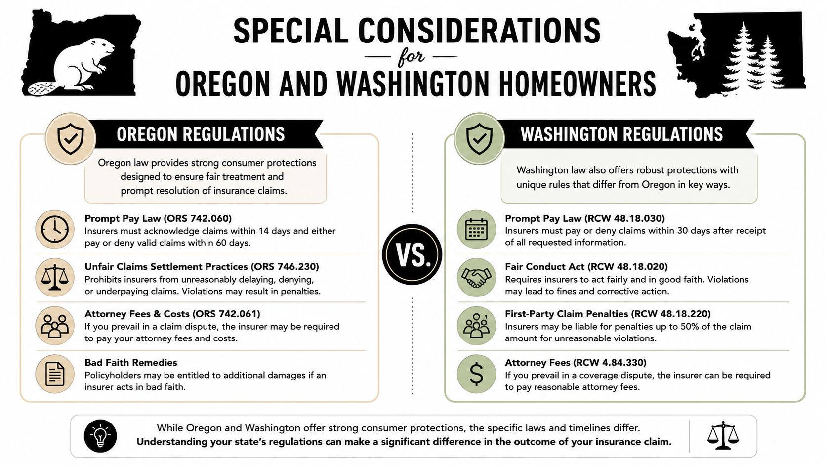 A comparison chart outlining insurance consumer protection regulations for homeowners in Oregon and Washington states.