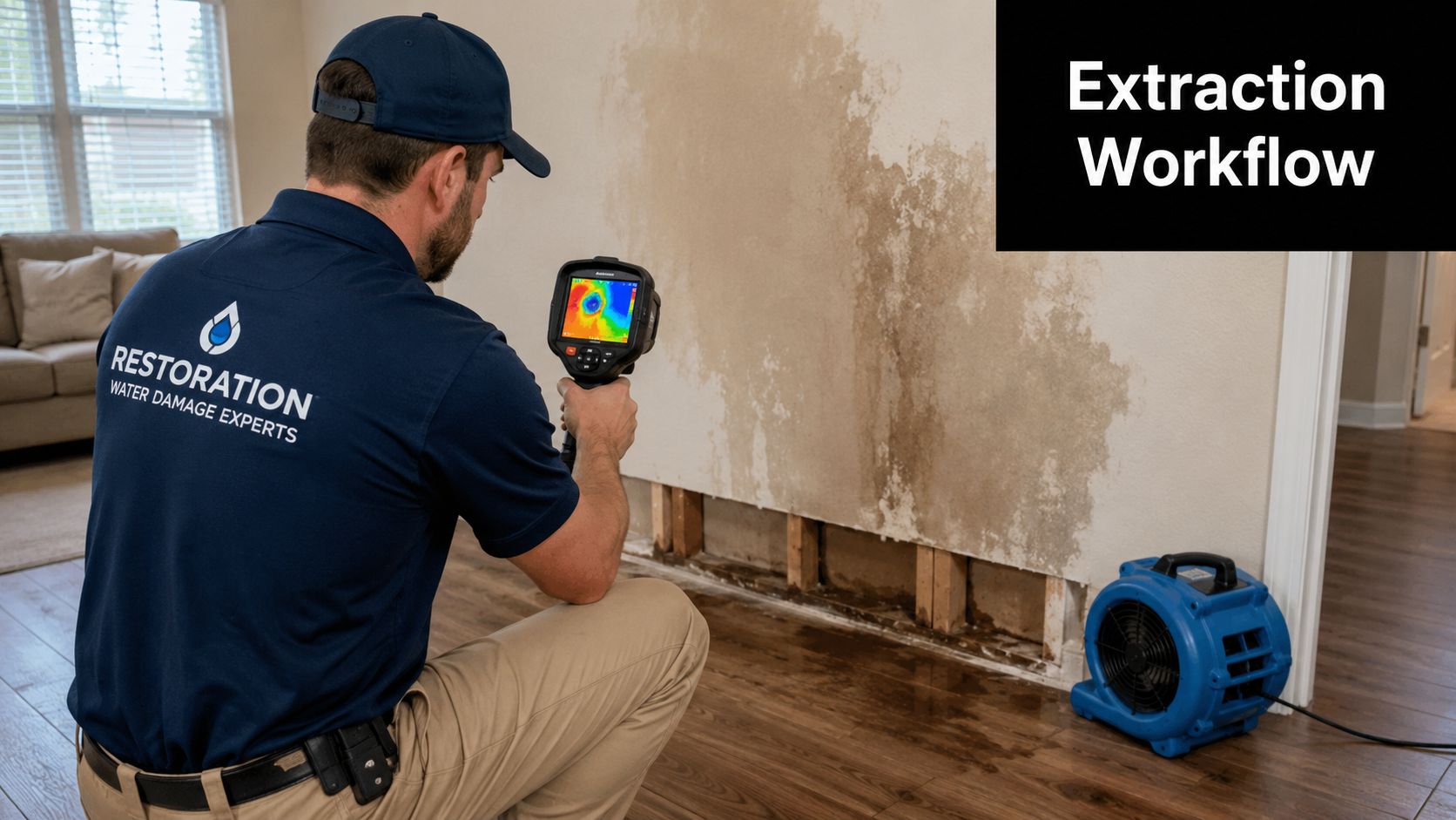 A professional water damage technician uses a thermal imaging camera to inspect a wall for moisture.