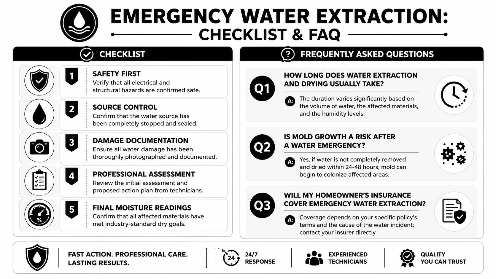 An infographic detailing the essential checklist and frequently asked questions for emergency water extraction services.