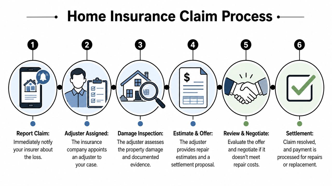 A six-step infographic illustrating the sequential home insurance claim process from reporting to final settlement.