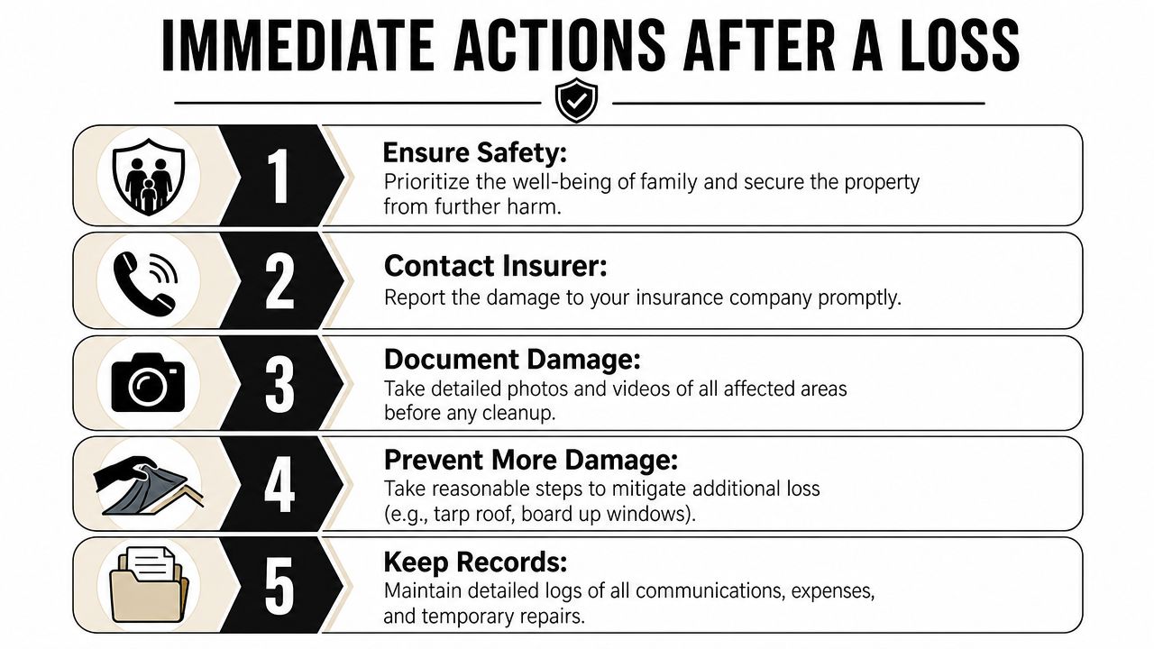 A step-by-step infographic titled Immediate Actions After a Loss listing five key tasks for homeowners.