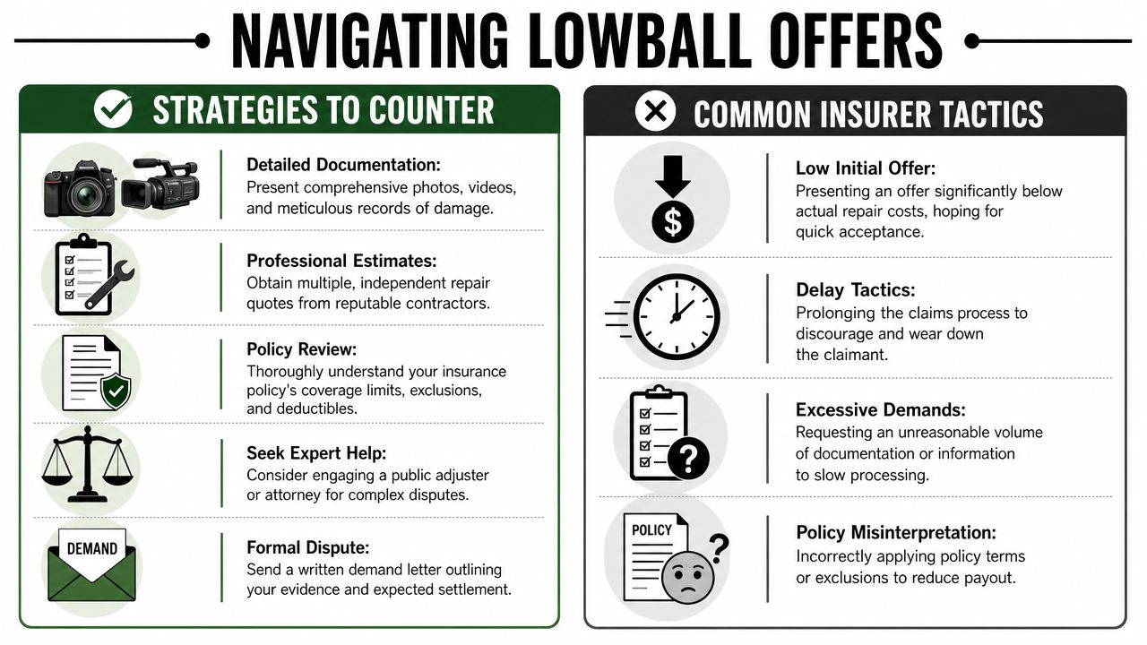 An infographic titled Navigating Lowball Offers, comparing effective counter-strategies against common insurance company delay tactics.