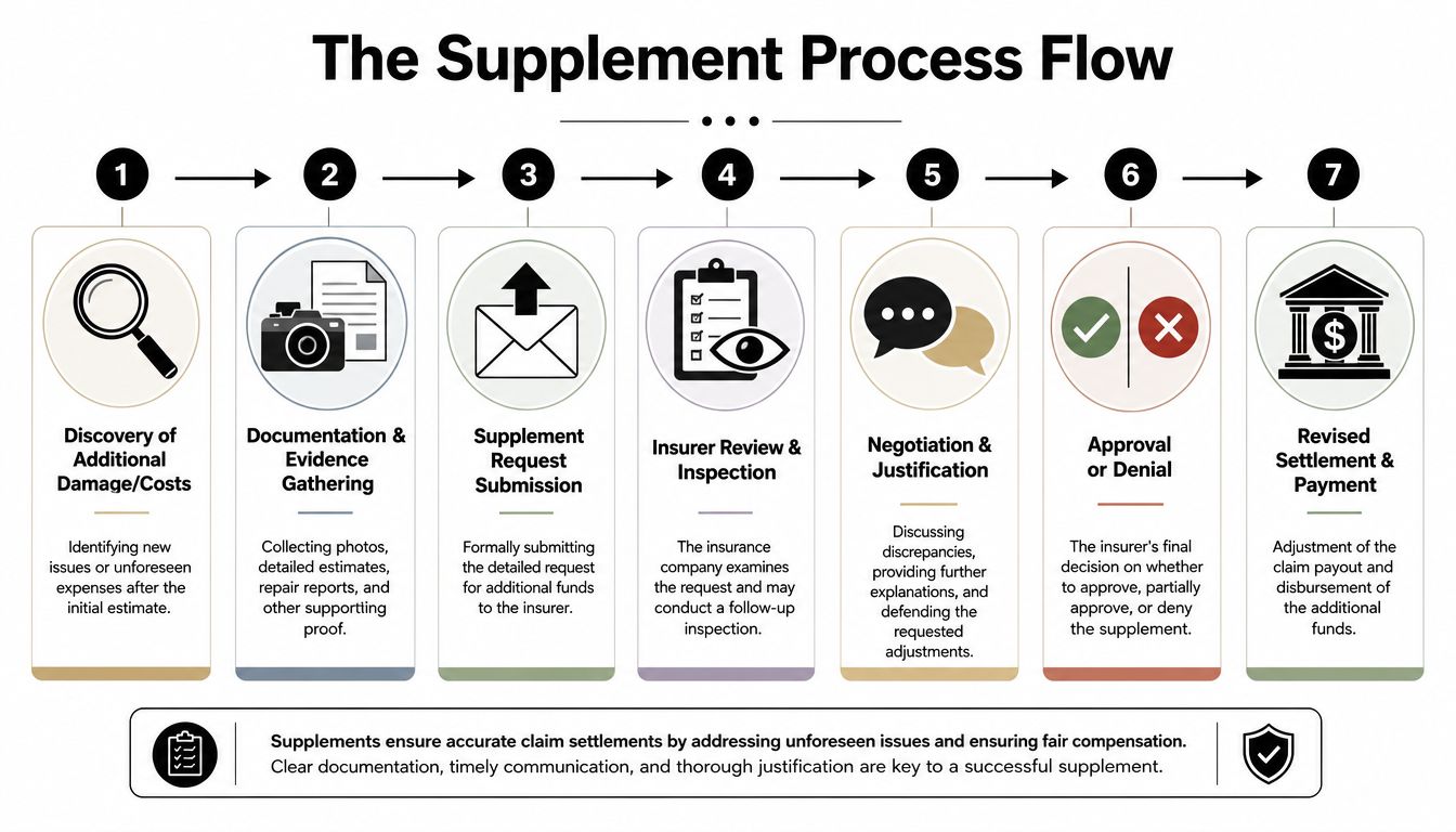 A flow chart illustrating the seven-step insurance claim supplement process from initial discovery to final payment.