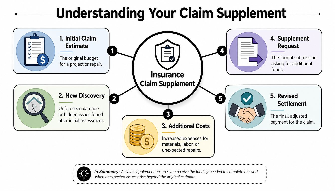 A diagram outlining the five steps involved in the process of an insurance claim supplement.