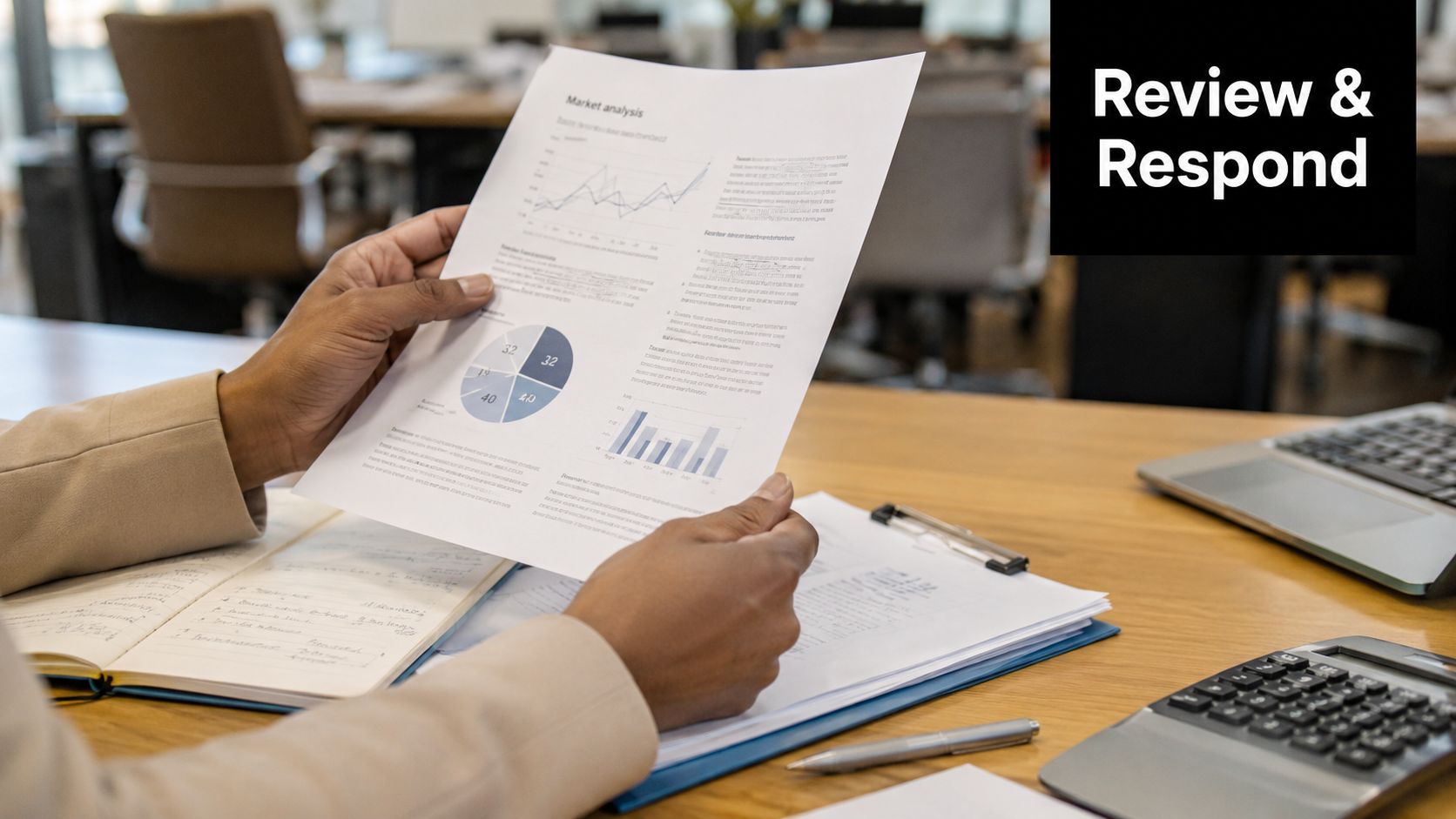 A professional analyzing a financial report with charts at an office desk with a calculator.