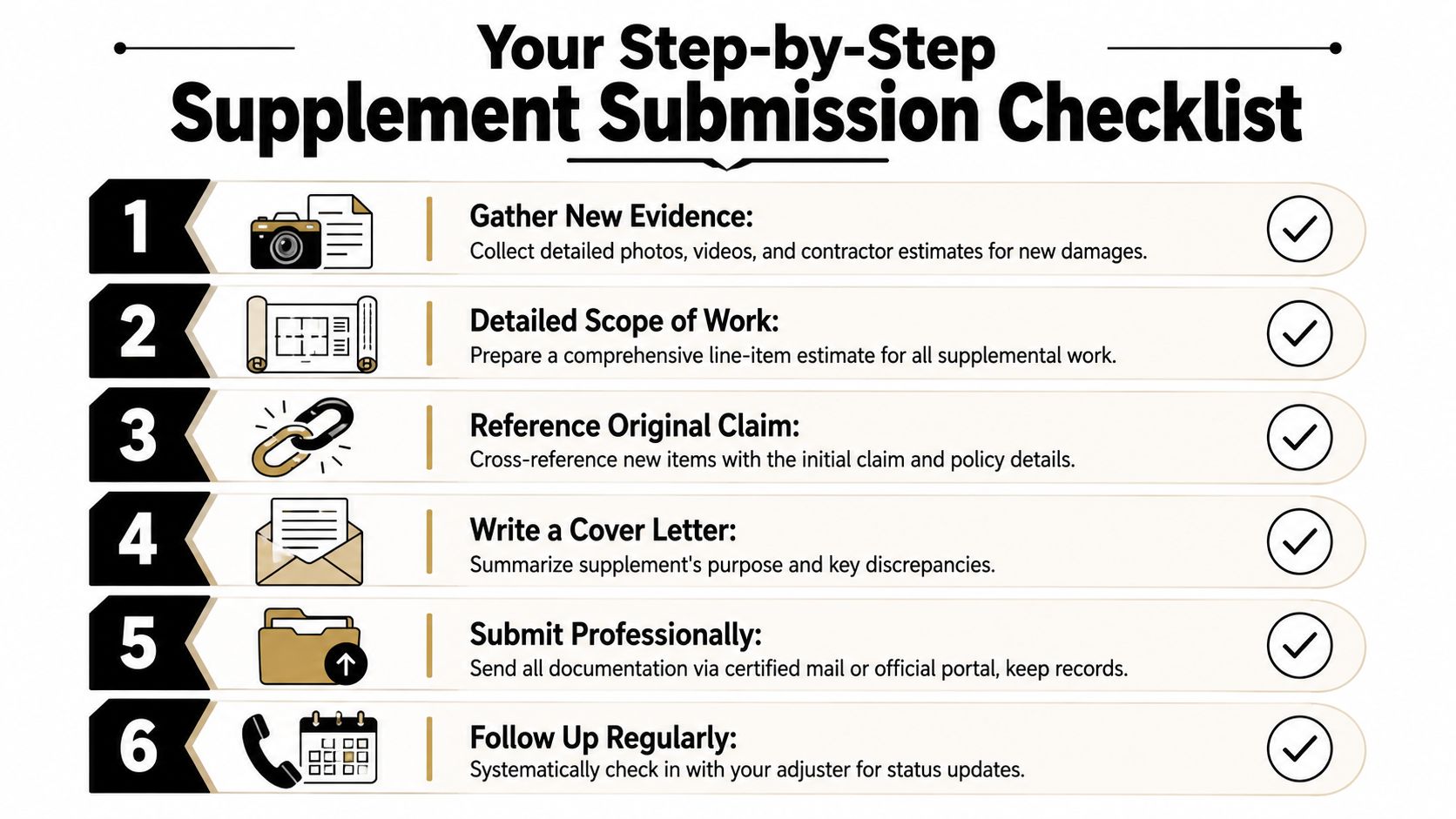 A six-step checklist for professional insurance claim supplement submission featuring icons for documentation and communication.