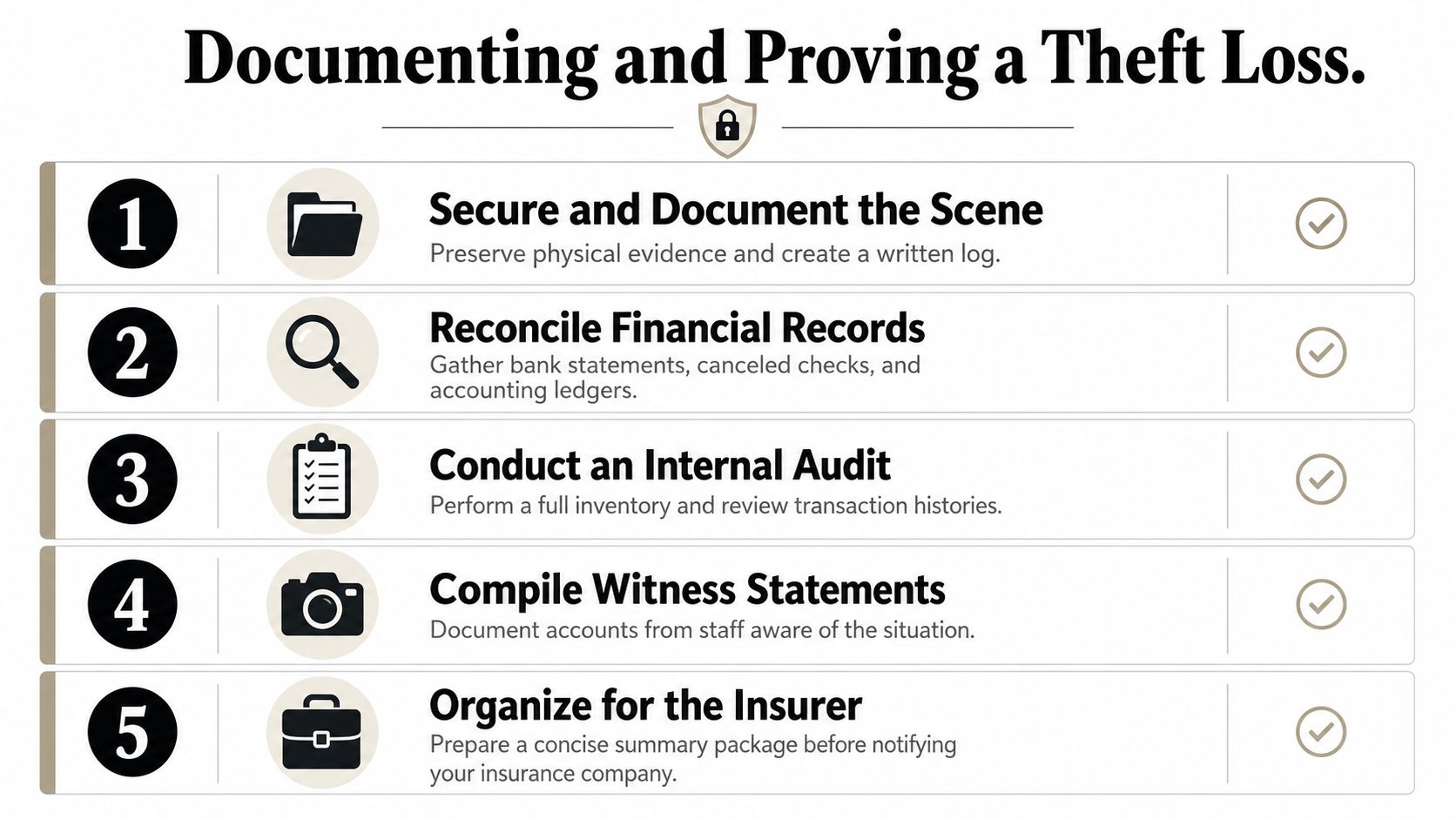 A five-step instructional guide on documenting and proving a business theft loss for insurance purposes.