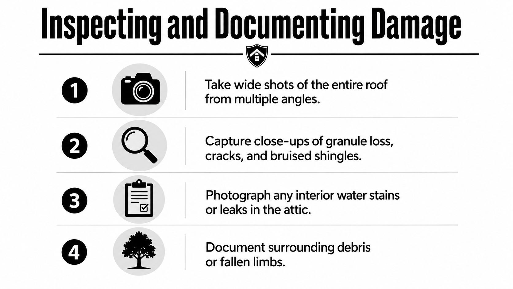 A four-step infographic illustrating how to properly inspect and document roof damage for insurance claims.