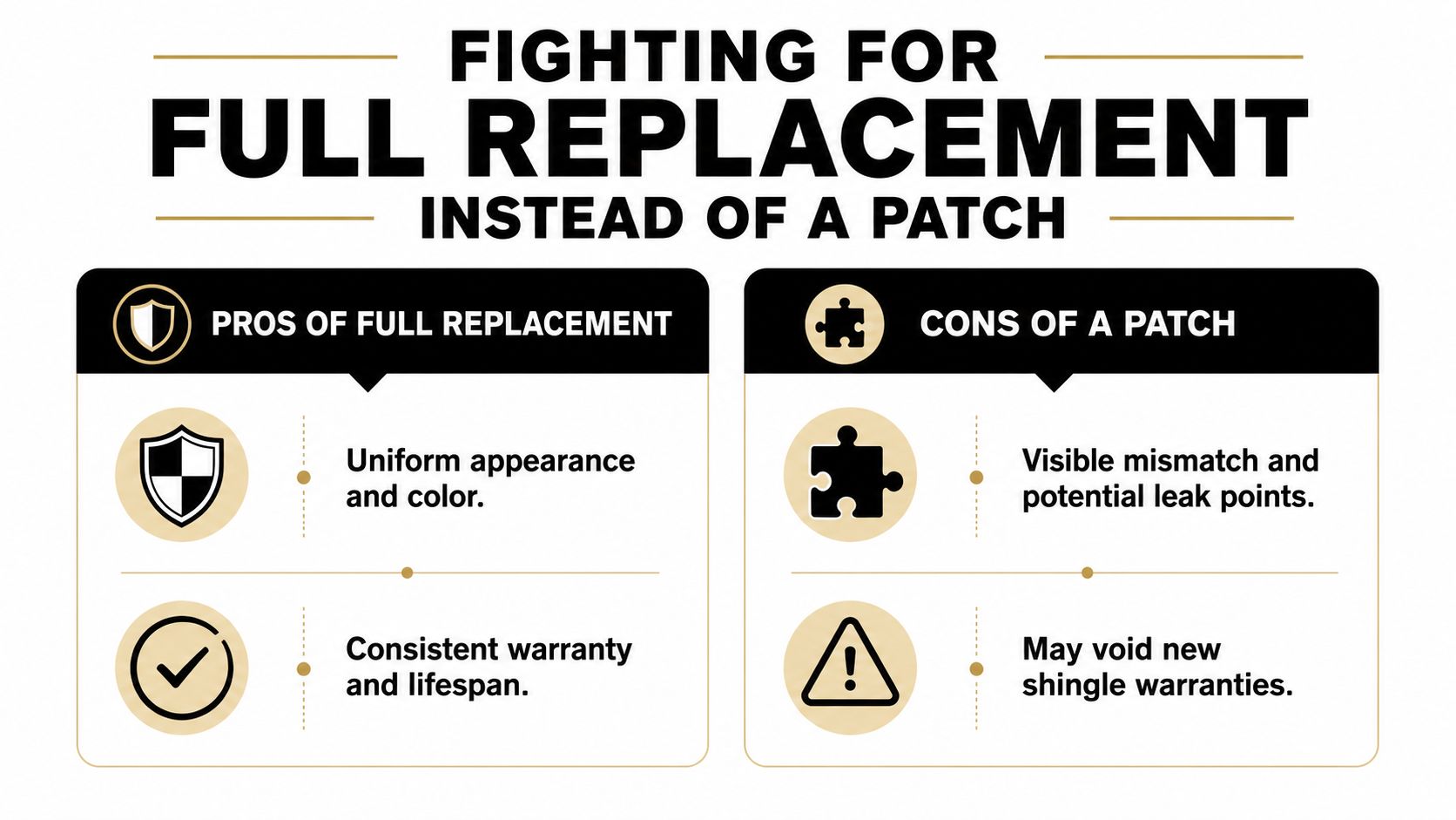 An infographic comparing the advantages of a full roof replacement versus the drawbacks of a patch repair.