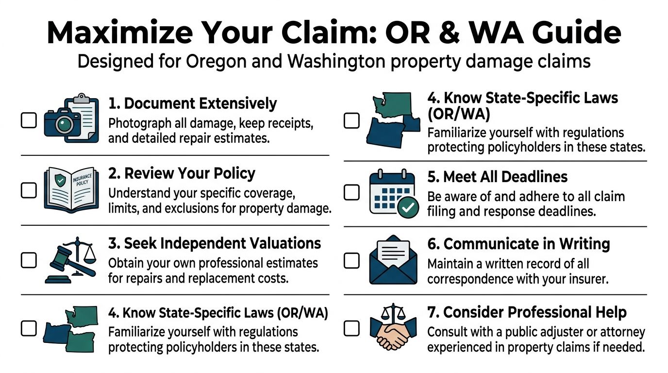 A seven-step checklist guide for maximizing property damage insurance claims in Oregon and Washington state.