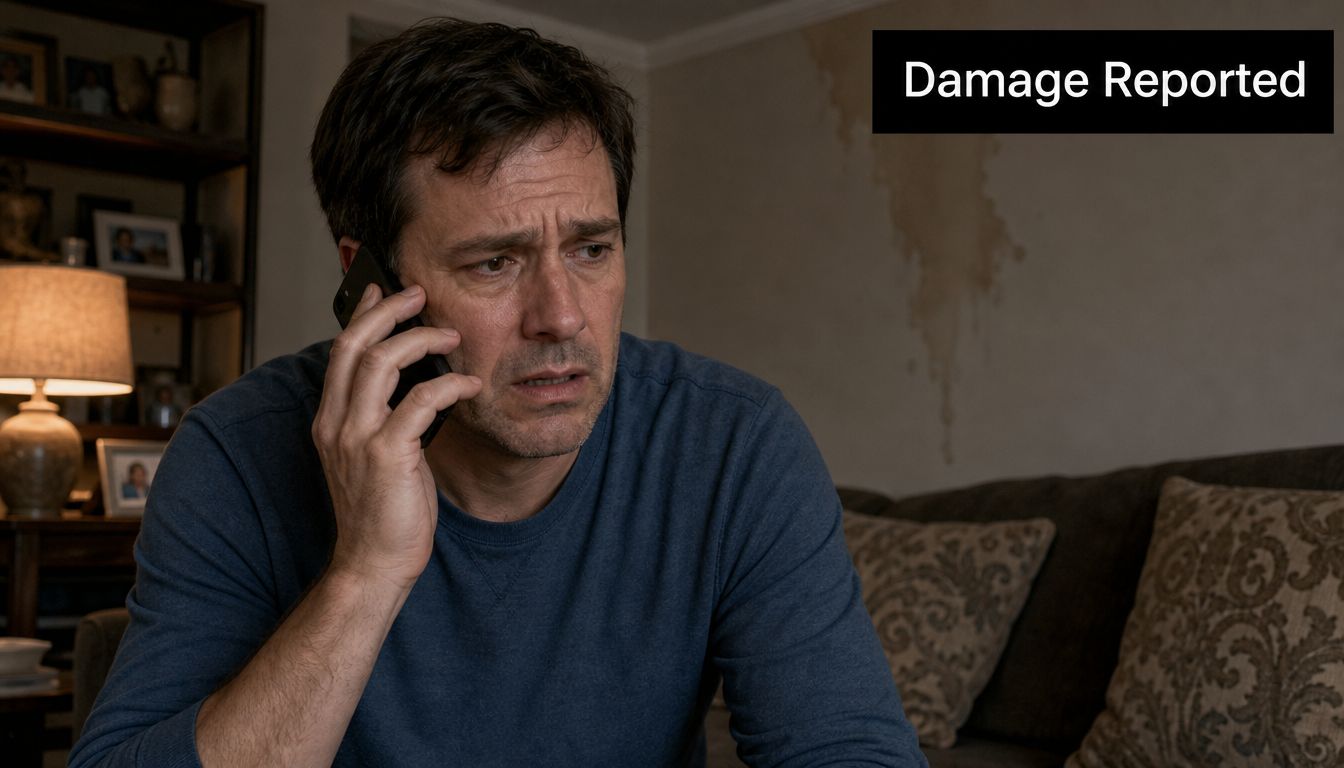 A concerned middle-aged man speaking on his smartphone while sitting in a room with water-damaged walls.