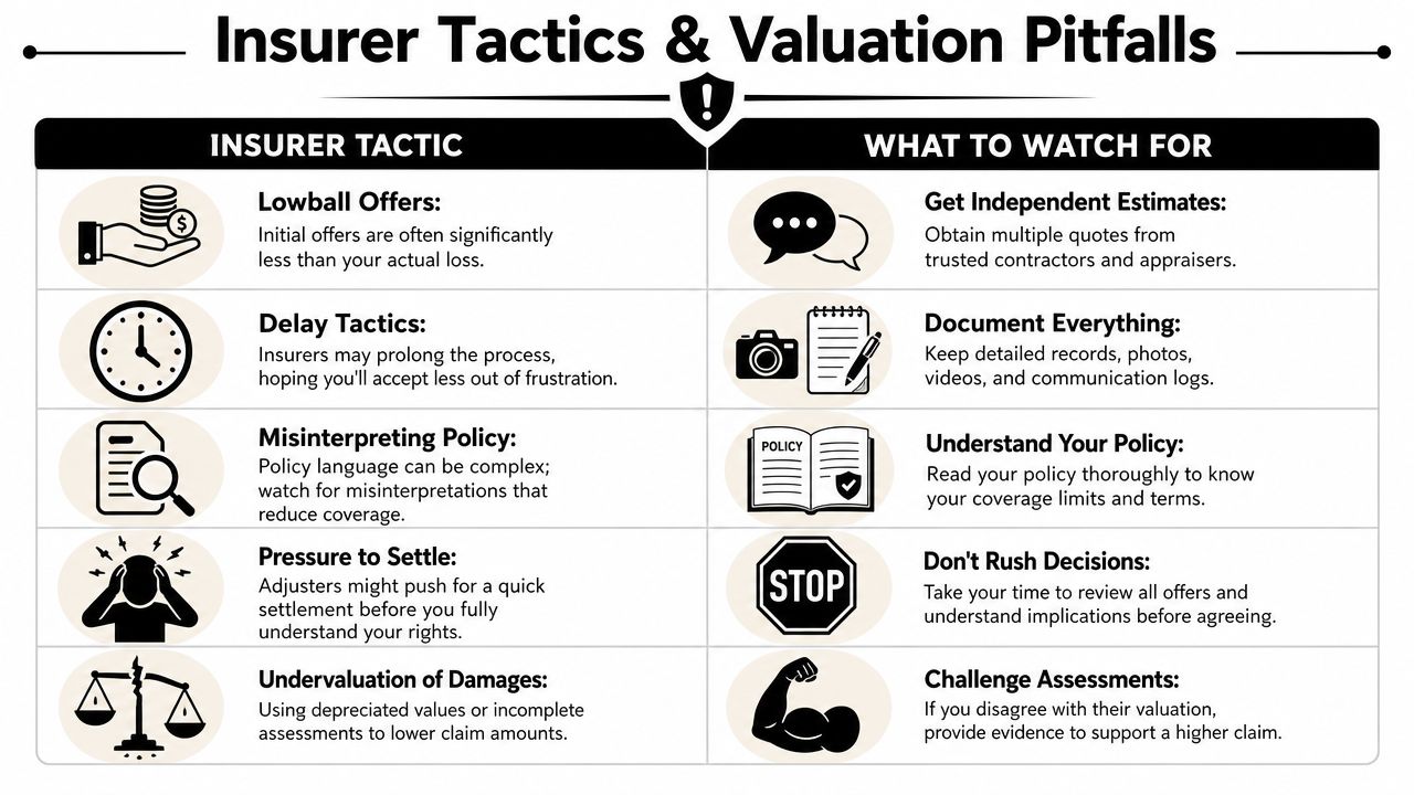 A chart outlining common insurer tactics for claim settlements and strategies for policyholders to handle them effectively.