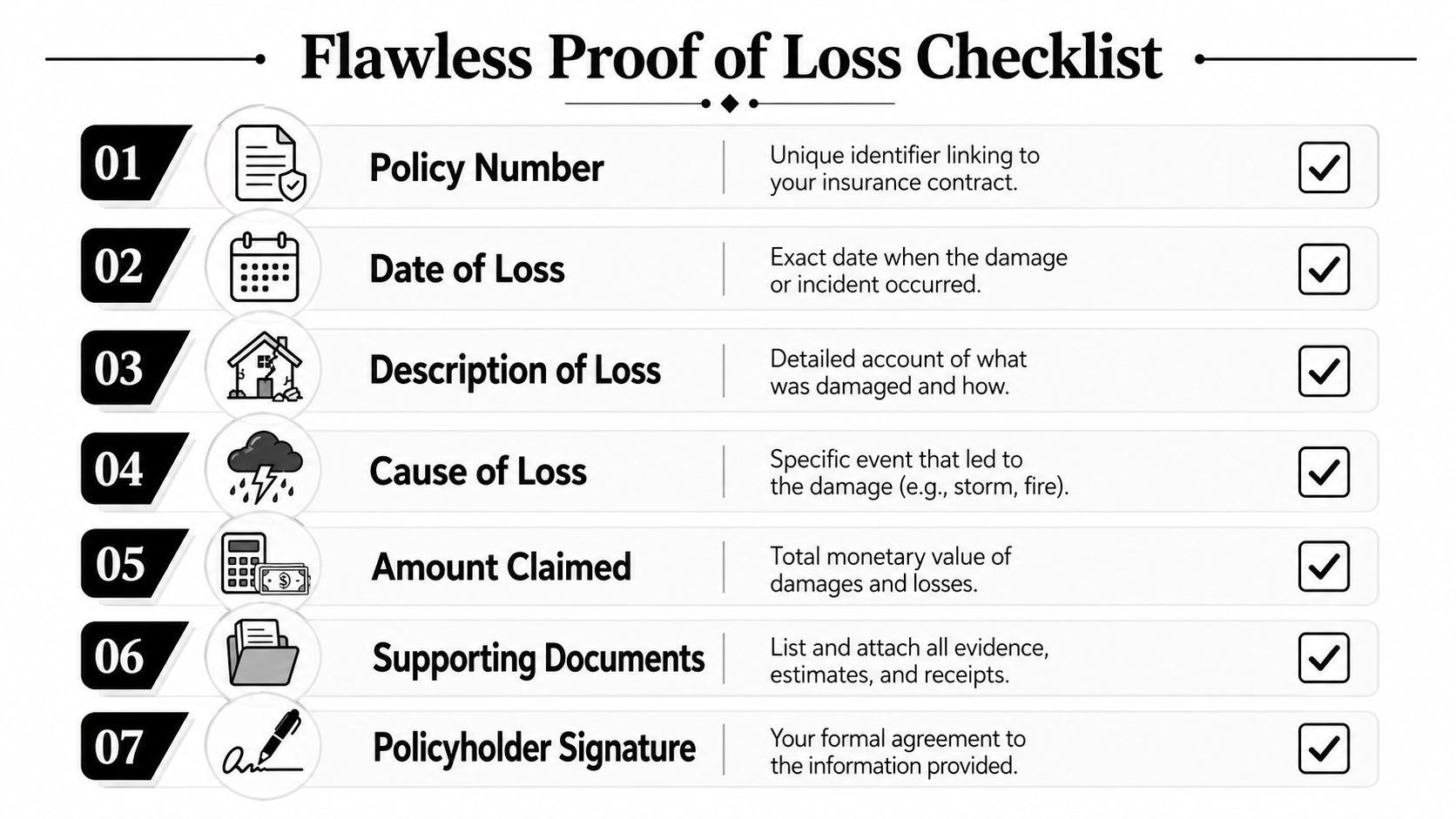 A checklist titled Flawless Proof of Loss featuring seven essential steps for insurance claims documentation.