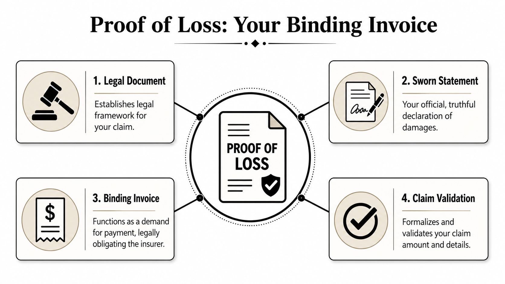 An infographic detailing the four key functions of a Proof of Loss insurance document.