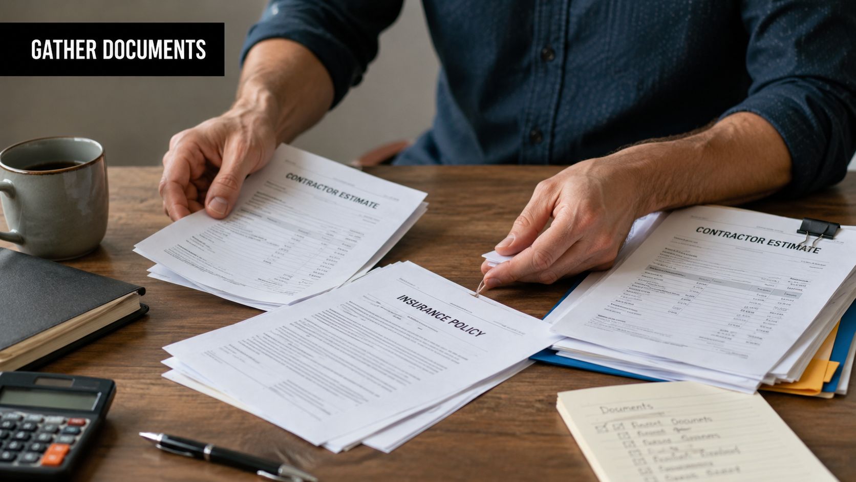 A person reviewing contractor estimates and an insurance policy document on a wooden office desk.