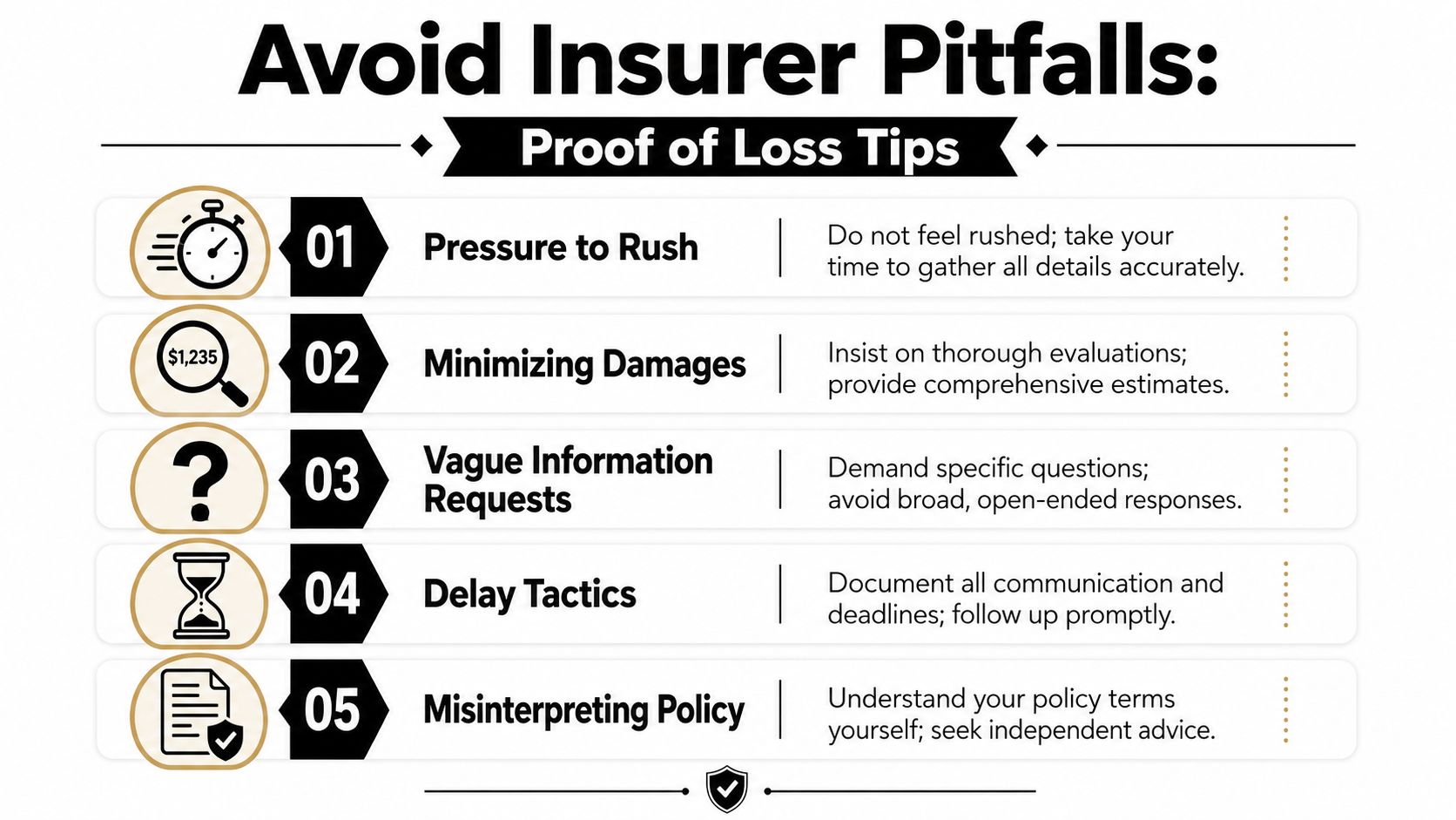 An infographic titled Avoid Insurer Pitfalls offering five essential tips for managing insurance proof of loss claims.