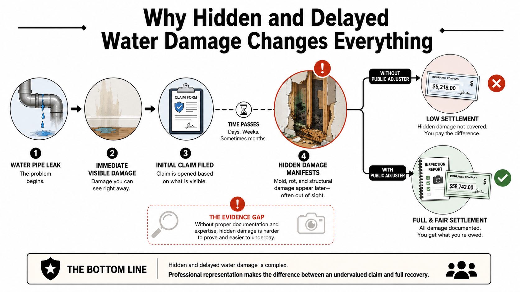 An infographic showing how hidden water damage impacts insurance claims and the benefits of a public adjuster.