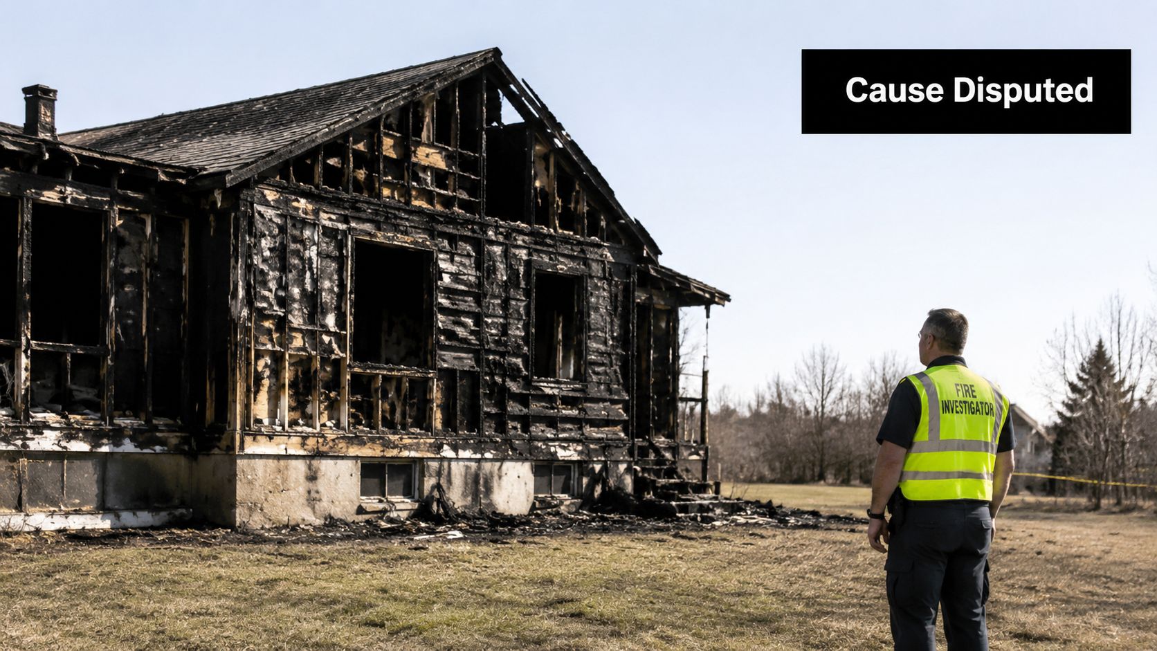 A fire investigator in a reflective vest examines the charred remains of a destroyed house.
