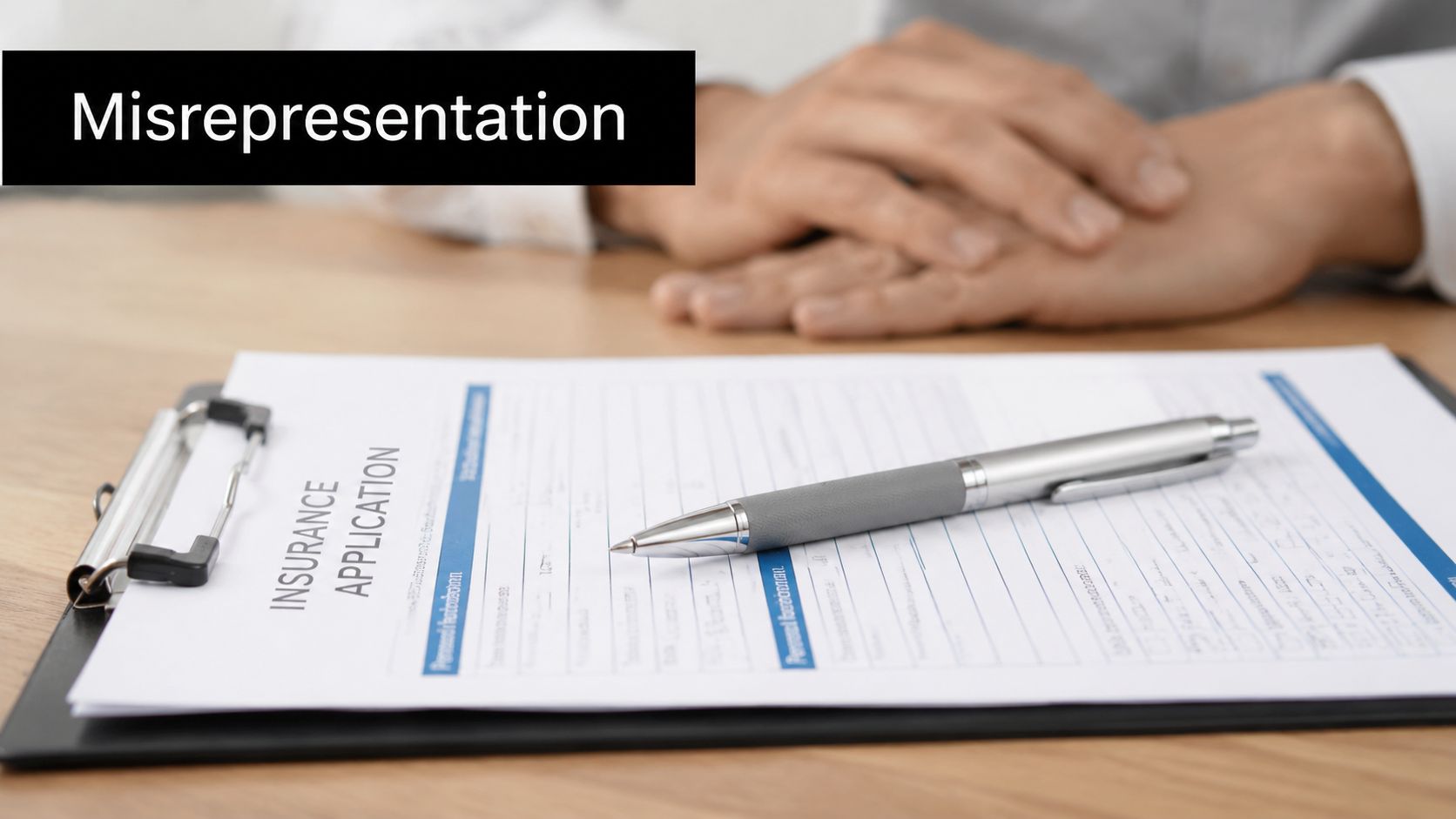 A close up view of an insurance application form on a clipboard with a pen on top.