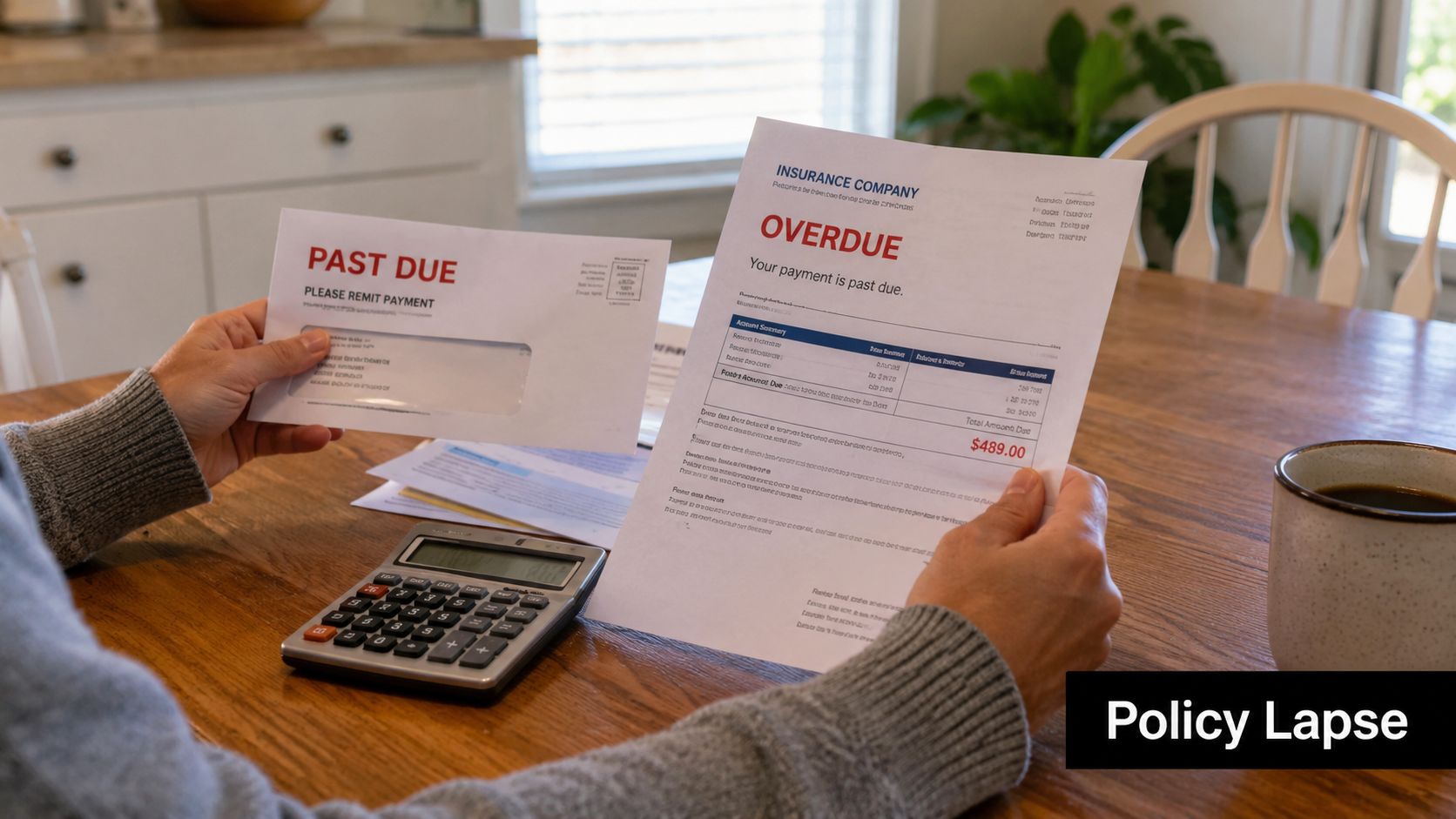 A person holding an overdue insurance notice and a calculator at a wooden table.