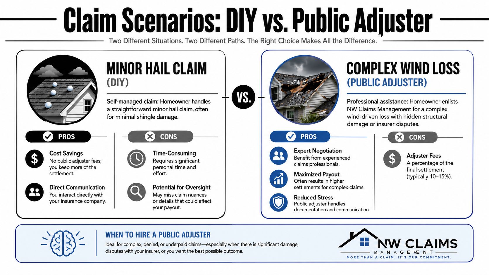 A comparison chart highlighting the differences between handling minor DIY hail claims and professional public adjuster wind claims.