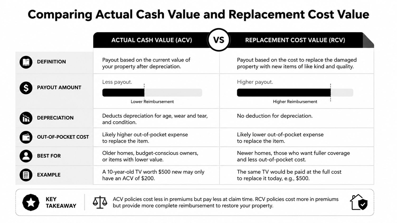 A comparison chart explaining the differences between actual cash value and replacement cost value for insurance claims.
