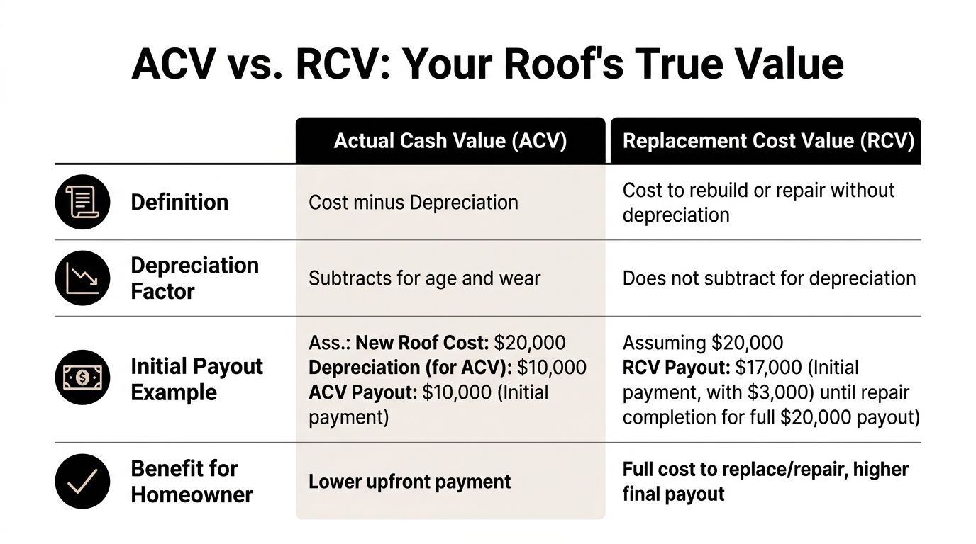 A comparison chart explaining the difference between Actual Cash Value and Replacement Cost Value for roof insurance.