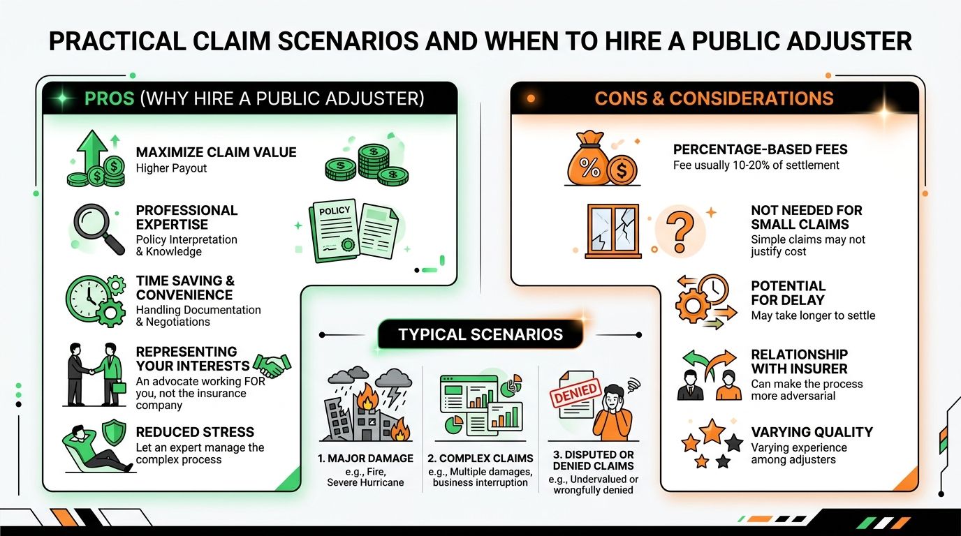An infographic outlining the pros, cons, and typical scenarios for hiring a professional public insurance adjuster.