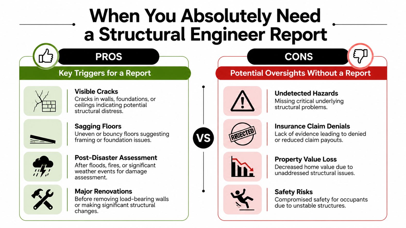 An infographic comparing the benefits of obtaining a structural engineer report against the risks of skipping it.