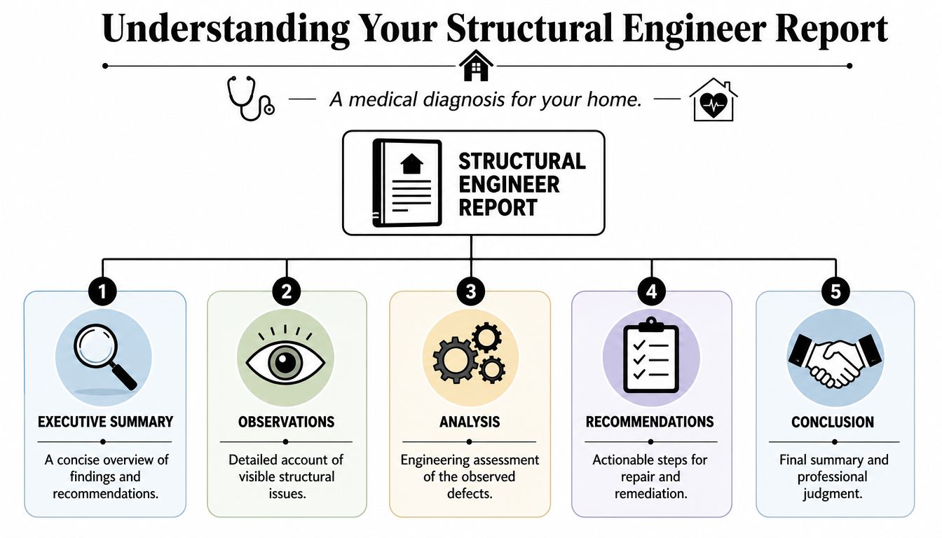 An infographic titled Understanding Your Structural Engineer Report outlining the five key components of an inspection report.
